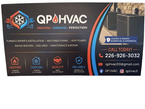 QP HVAC business card — heating, cooling, heat pumps and water heaters. Call 226-926-3032.